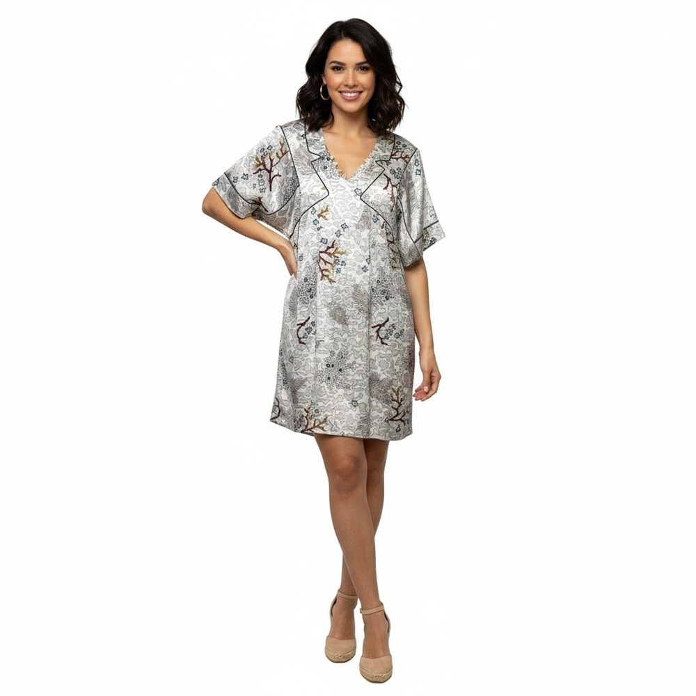 Twinkle By Wenlan Sheath Dress SZ 0 Multicolor Floral‎ Silk Pleated Short Sleeve